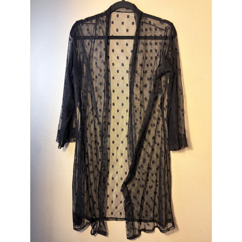 Black Sheer Mesh Floral Embroidered Open Front Cardigan Duster Long Sleeve